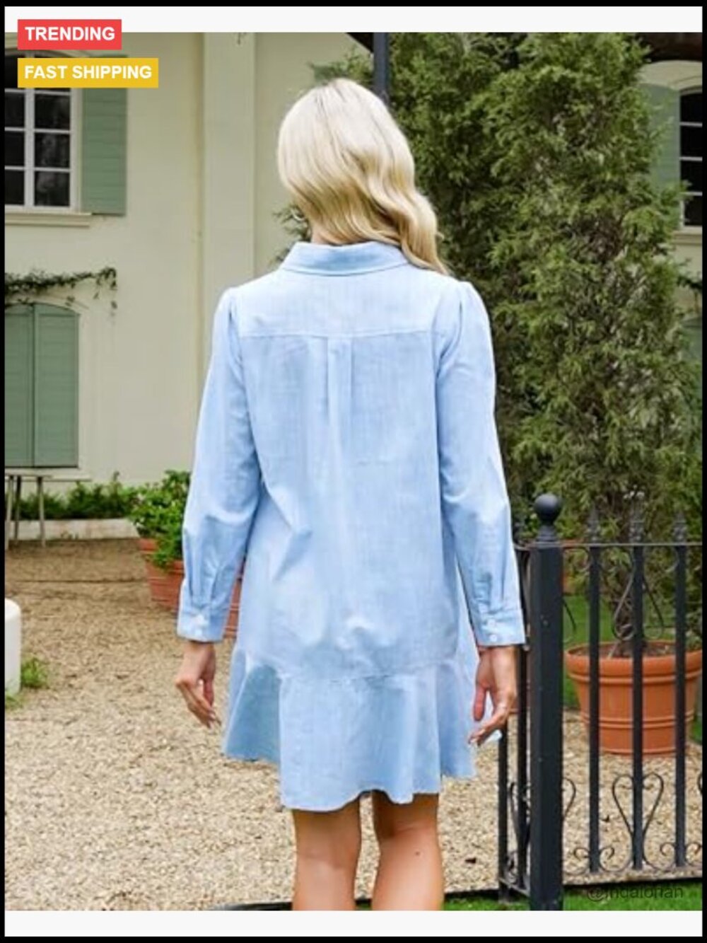Cotton Linen Long Sleeve Shift Dress with Pockets Ruffle Hem - Picture 2 of 7